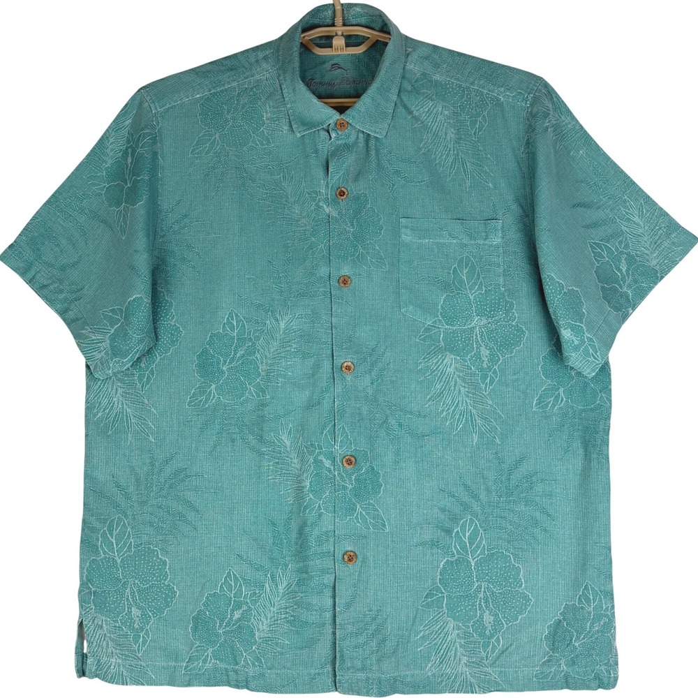 Tommy Bahama Shirt Mens L Teal 100% Silk Floral Hawaiian Short Sleeve